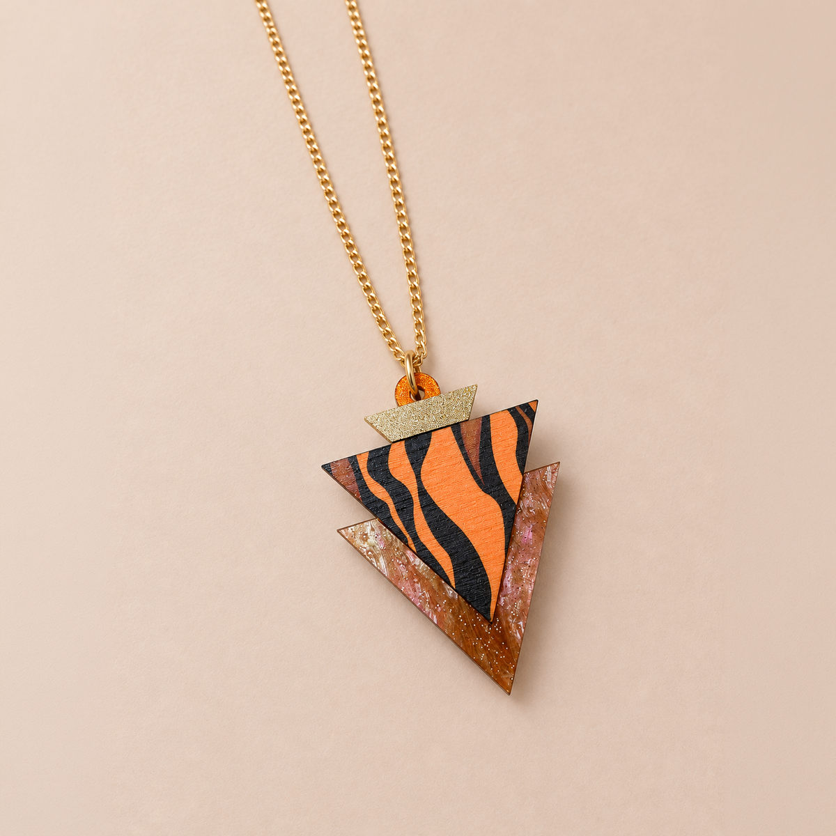 Wild Brown & Gold Tiger Print Triangle Pendant Necklace