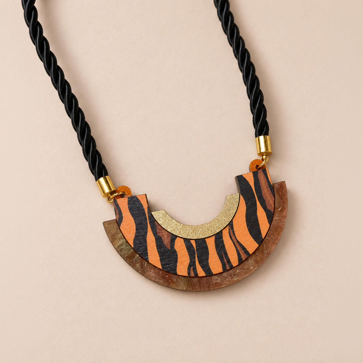 Wild Brown & Gold Tiger Stripe Print Statement Bib Necklace