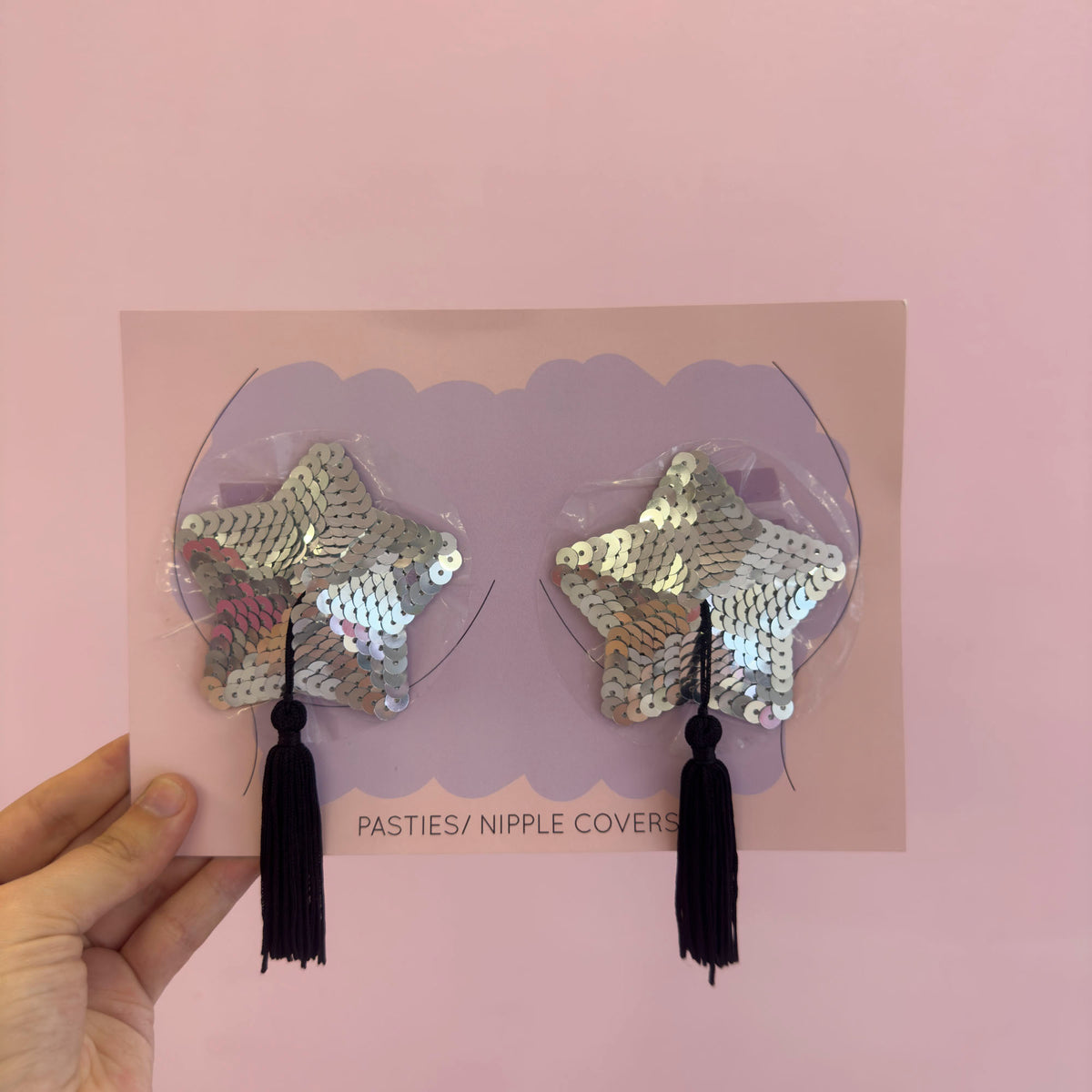 Tit Sticks (Nipple Covers) - Silver Sequin Star with Tassels, view 2