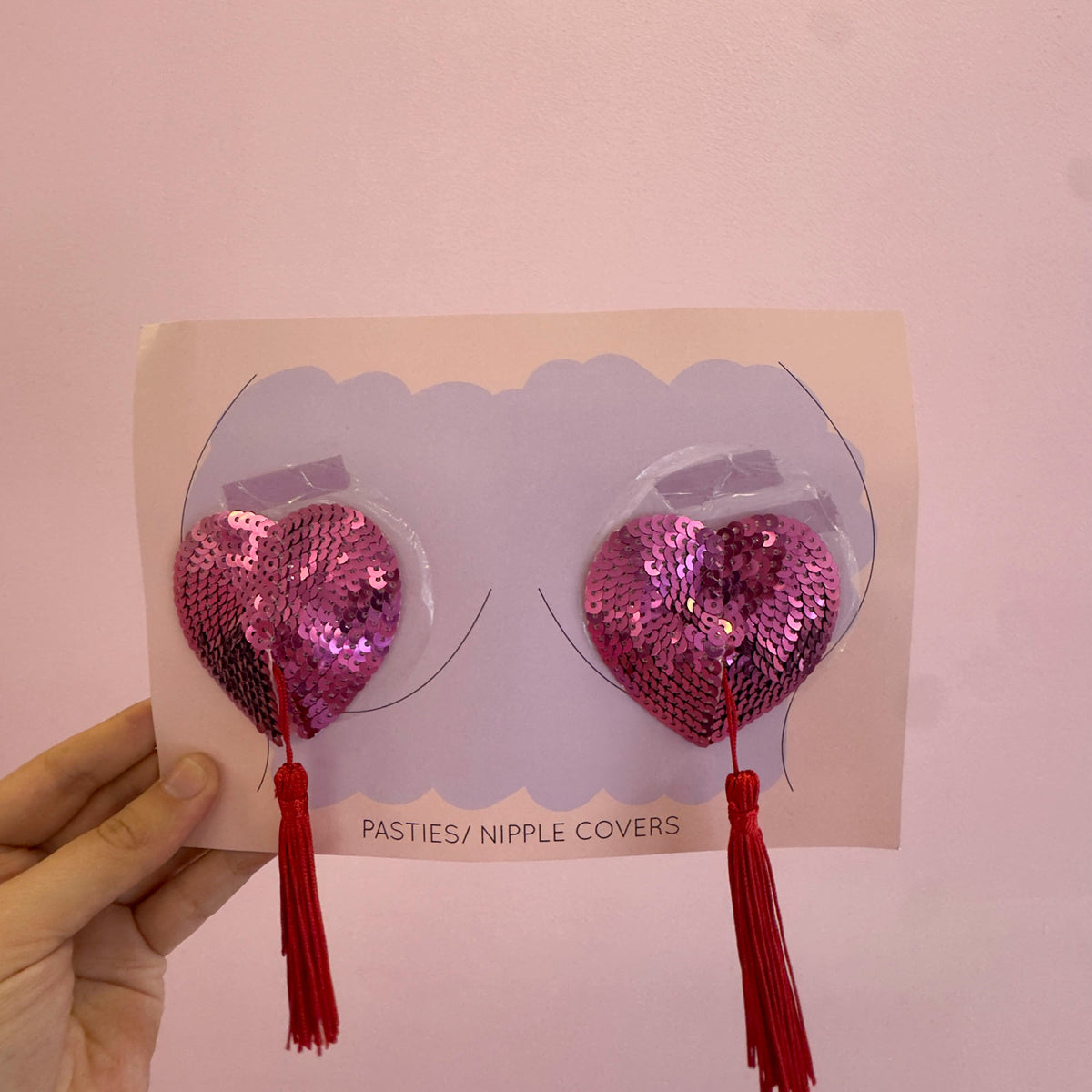Tit Sticks (Nipple Covers) - Pink Sequin Hearts with Tassels, view 2