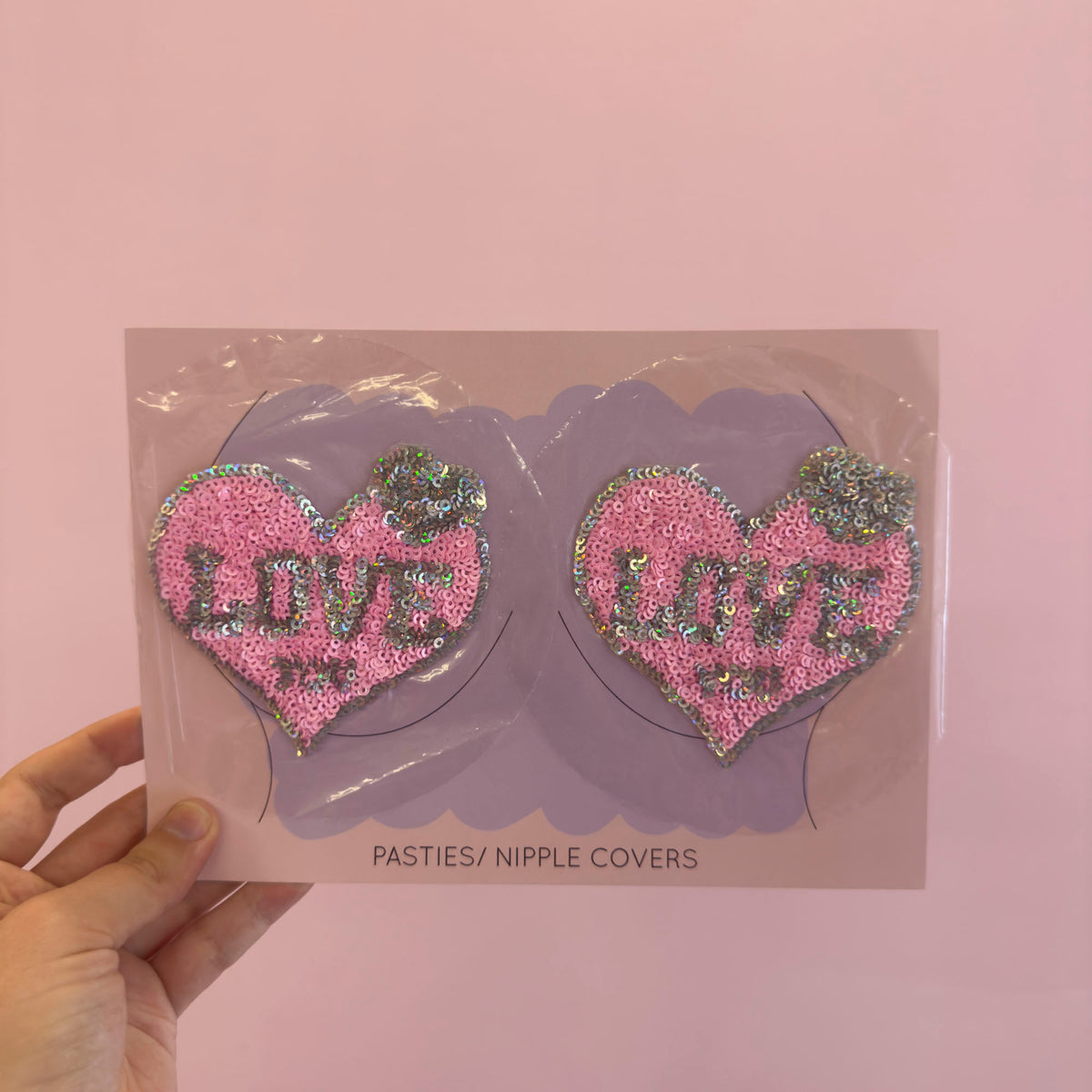 Tit Sticks (Nipple Covers) - Pink & Silver Sequin 'Love' Heart, view 2