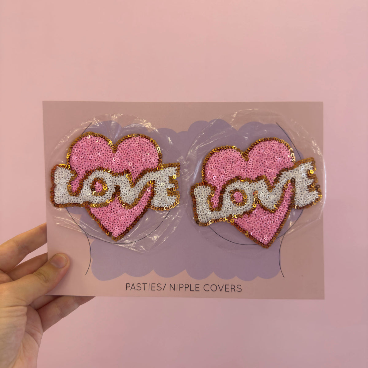 Tit Sticks (Nipple Covers) - Pink/ Gold Sequin 'Love' Hearts