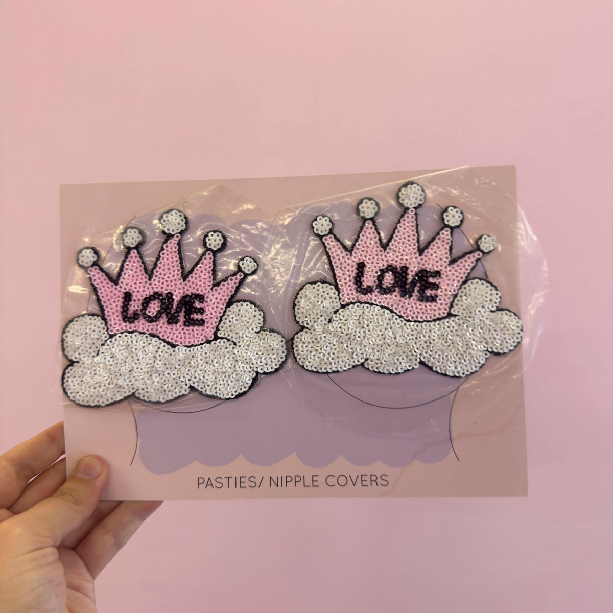 Tit Sticks (Nipple Covers) - Pink/ White Sequin 'Love' Tiara