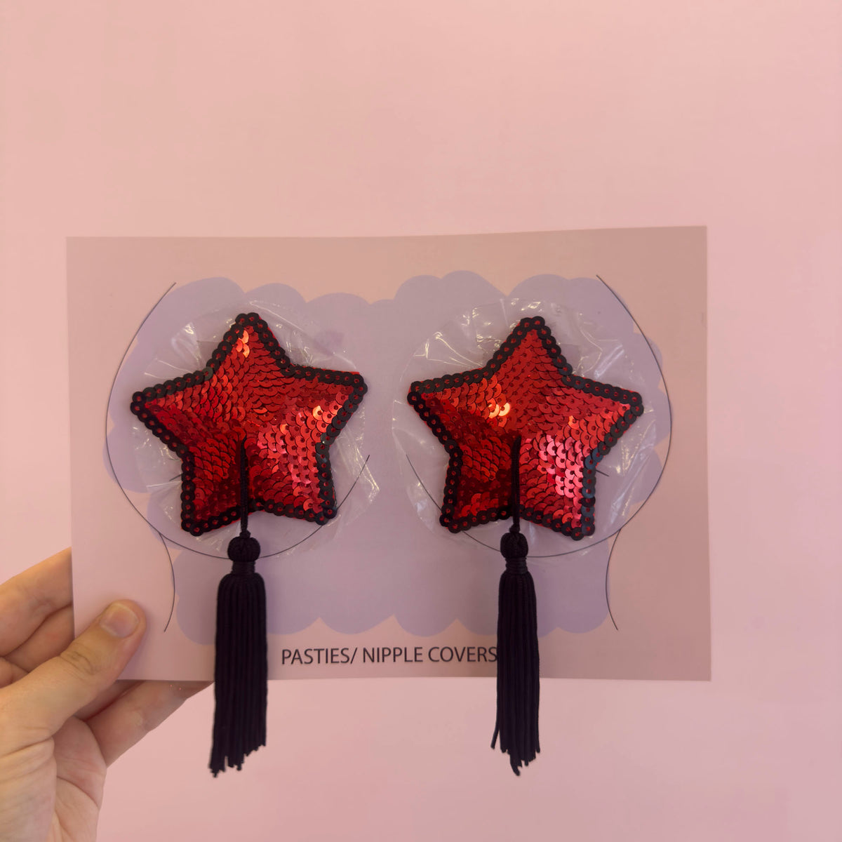 Tit Sticks (Nipple Covers) - Red & Black Sequin Star with Tassels, view 2