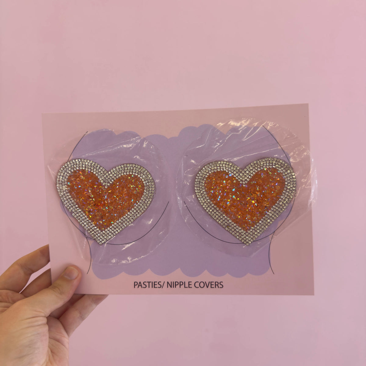 Tit Sticks (Nipple Covers) - Iridescent Peach & Silver Diamanté Hearts, view 2