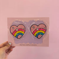 Tit Sticks (Nipple Covers) - Baby Pink Sequin Rainbow Hearts