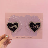 Tit Sticks (Nipple Covers) - Black/ Silver 'Love' Hearts