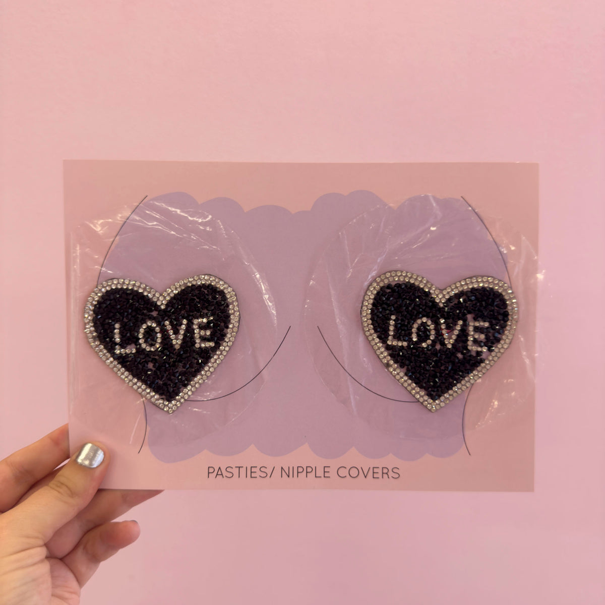 Tit Sticks (Nipple Covers) - Black/ Silver 'Love' Hearts