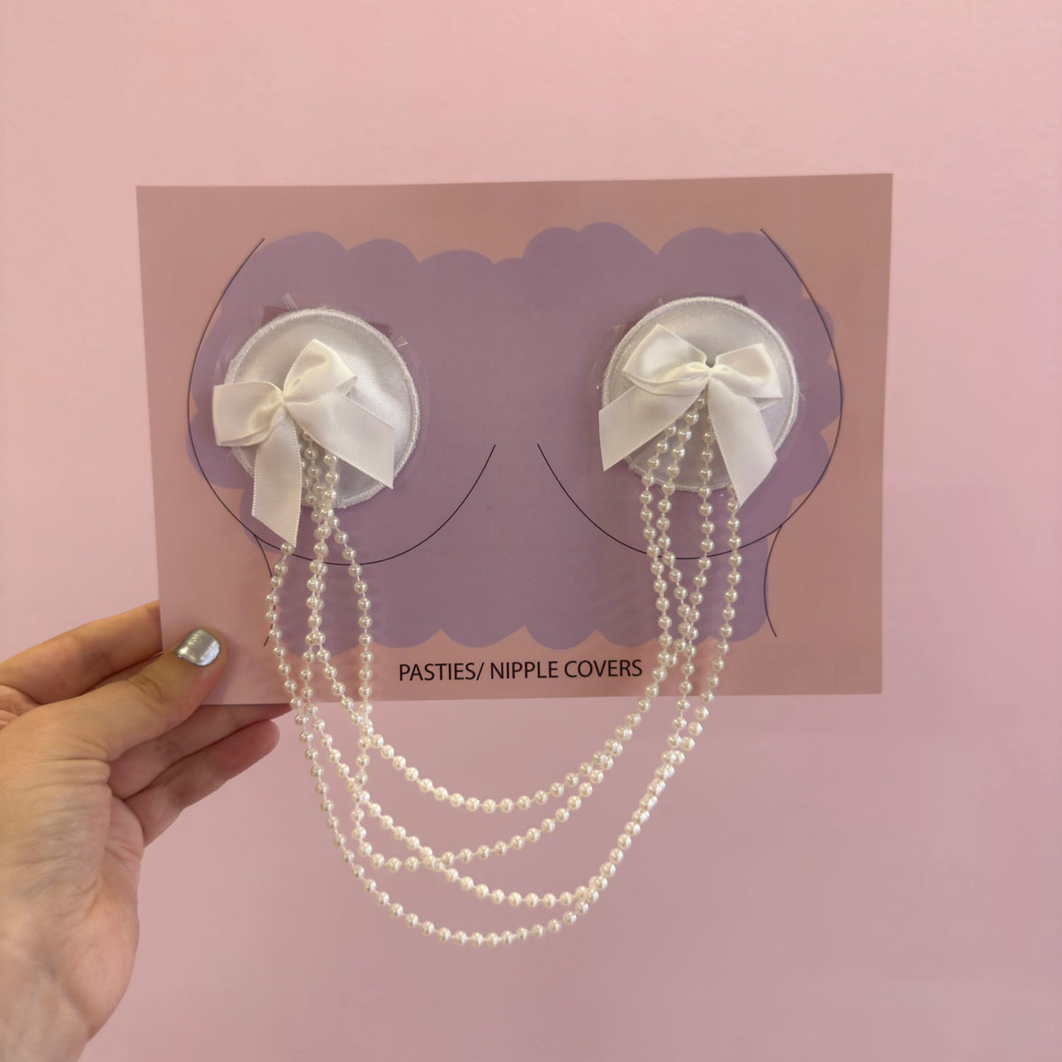 Tit Sticks (Nipple Covers) - White Round Mini Bow with Draped Pearls