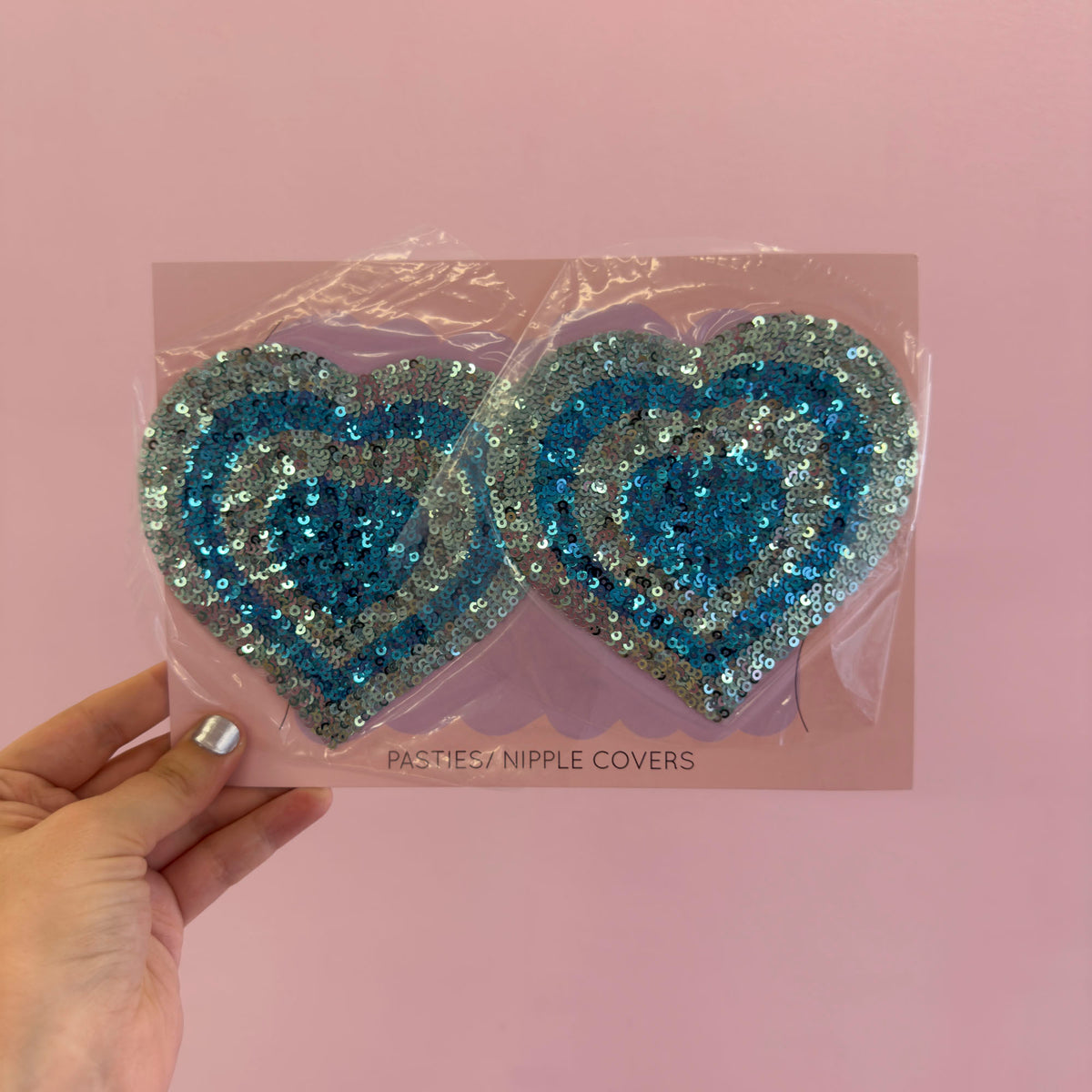 Tit Sticks (Nipple Covers) - Blue Sequin Spiral Hearts