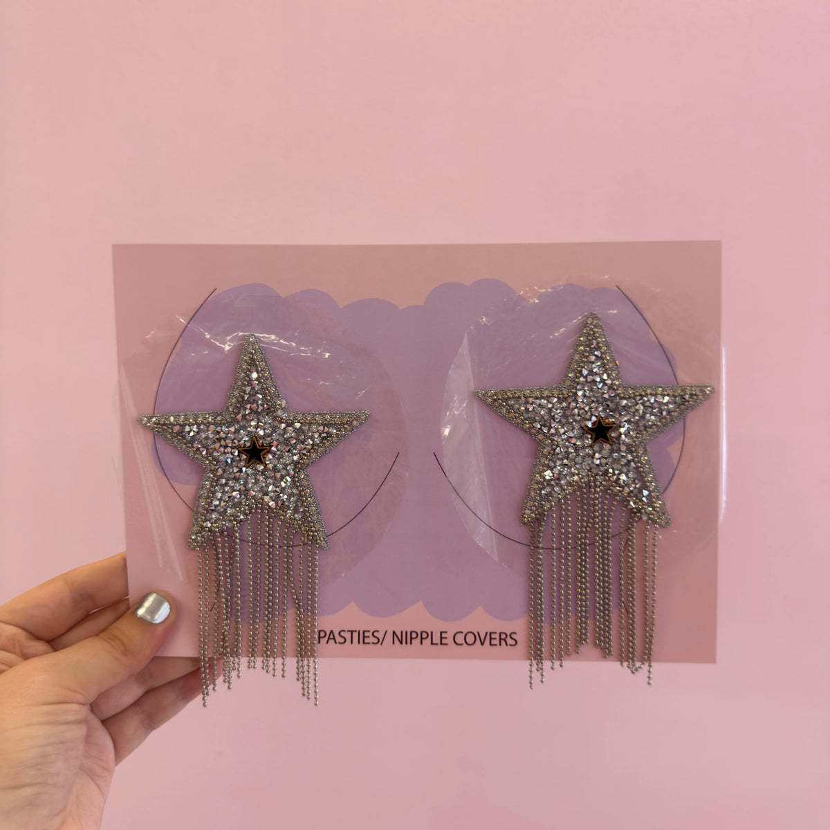 Tit Sticks (Nipple Covers) - Silver Diamanté Stars with Fringing