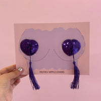 Tit Sticks (Nipple Covers) - Purple Sequin Mini Hearts with Tassels