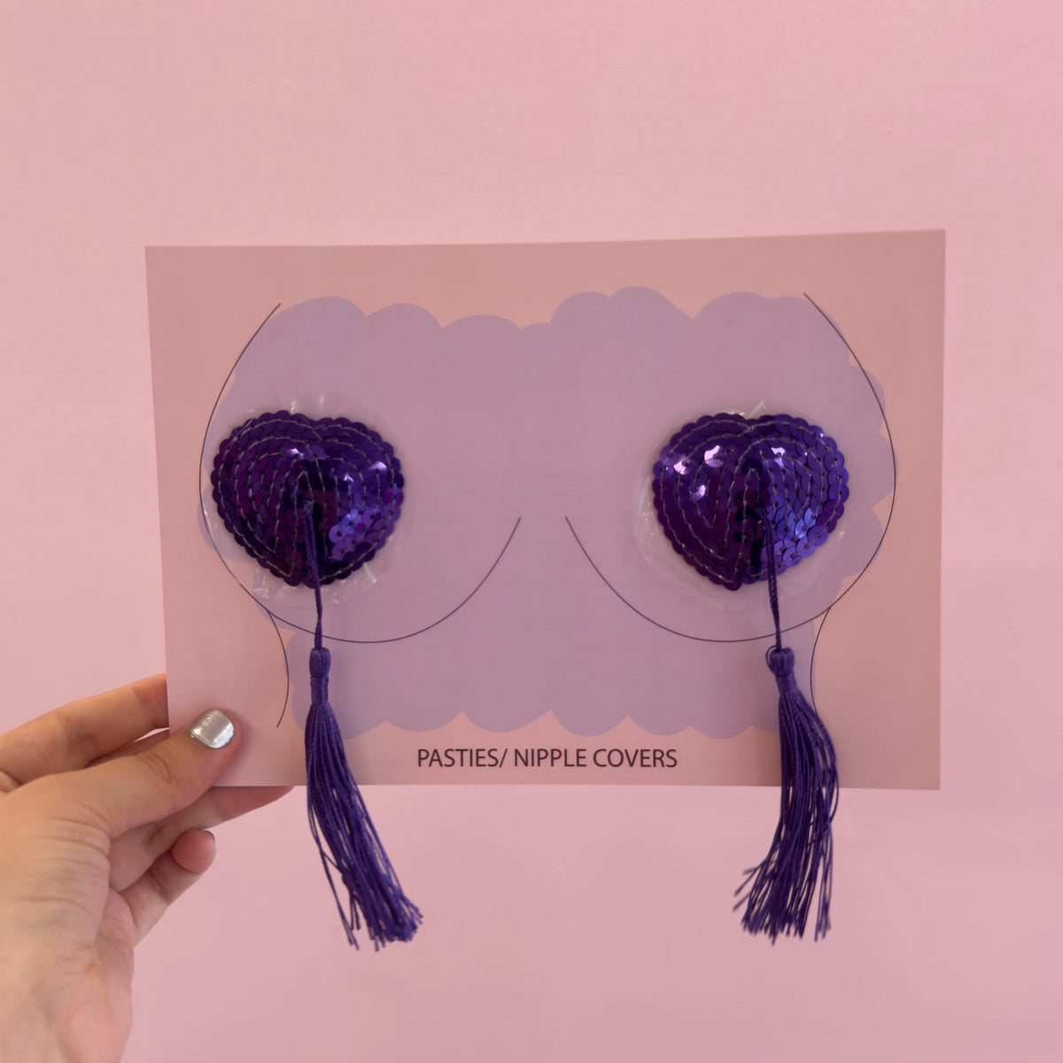 Tit Sticks (Nipple Covers) - Purple Sequin Mini Hearts with Tassels