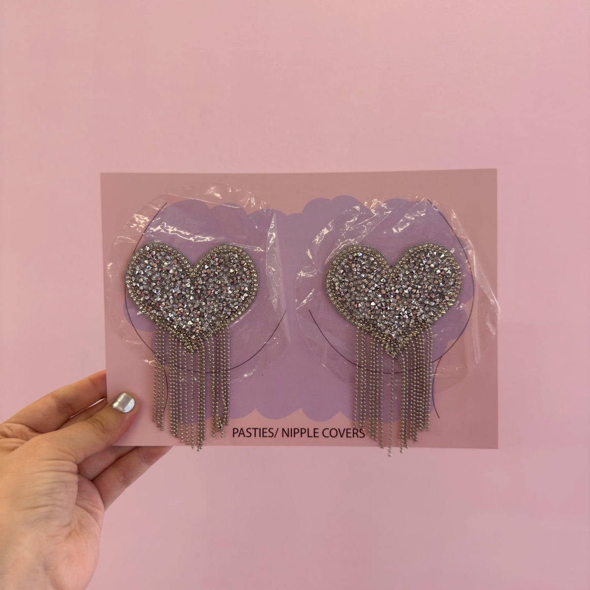Tit Sticks (Nipple Covers) - Silver Diamanté Hearts with Fringing, view 2
