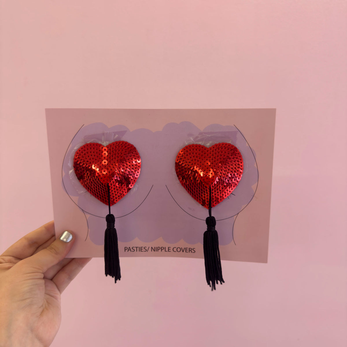 Tit Sticks (Nipple Covers) - Red Sequin Hearts with Tassels