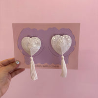 Tit Sticks (Nipple Covers) - White Sequin Hearts with Tassels
