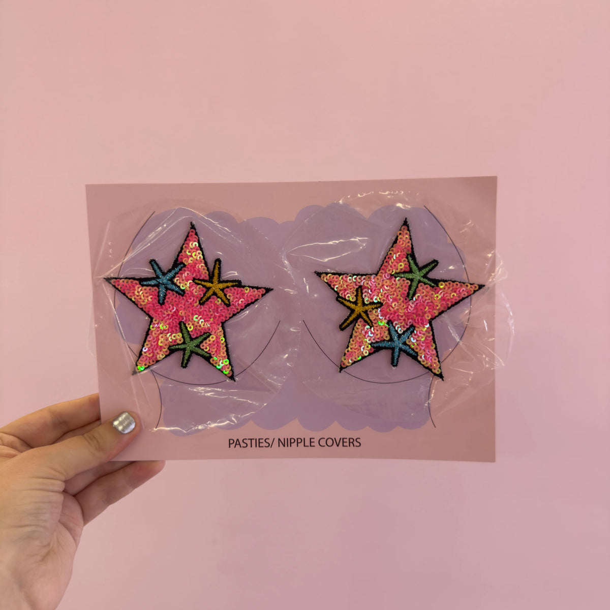 Tit Sticks (Nipple Covers) - Iridescent Pink Sequin Stars