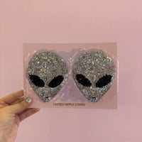 Tit Sticks (Nipple Covers) - Silver Sequin Aliens