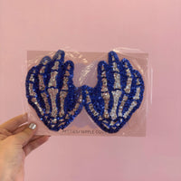 Tit Sticks (Nipple Covers) - Blue Sequin Skeleton Hands