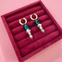 Toadstool Flower & Pearl Glass Bead Earrings - White/ Teal *SAMPLE*