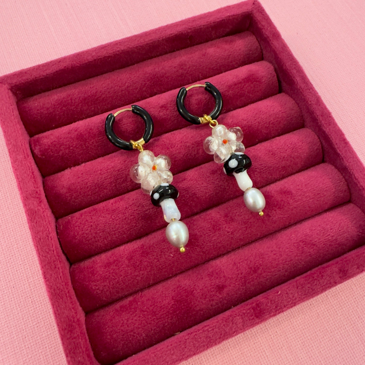 Toadstool Flower & Pearl Glass Bead Earrings - Black *SAMPLE*