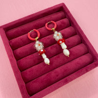Toadstool Flower & Pearl Glass Bead Earrings - Red *SAMPLE*