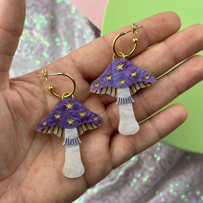 Large Toadstool Dangle Earrings - Lilac & Gold by Esoteric Dreamland