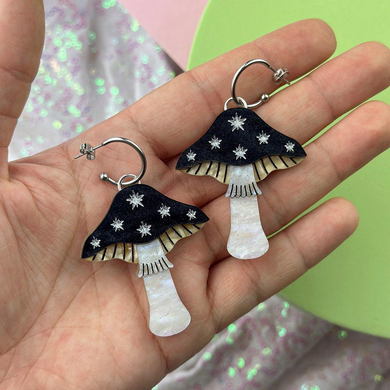 Large Toadstool Dangle Earrings - Black & Silver by Esoteric Dreamland