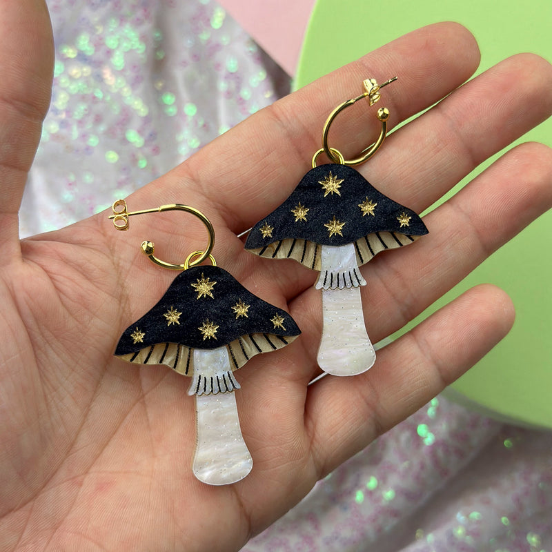 Large Toadstool Dangle Earrings - Black & Gold by Esoteric Dreamland
