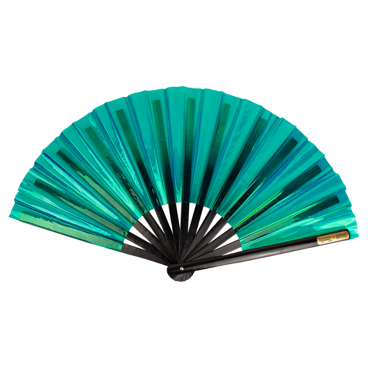 Iridescent Giant Hand Fan With Black Bamboo Handle - Turquoise