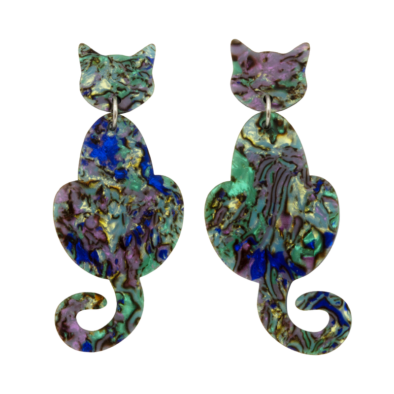 Cat Dangle Earrings - Turquoise Abalone by Esoteric Dreamland