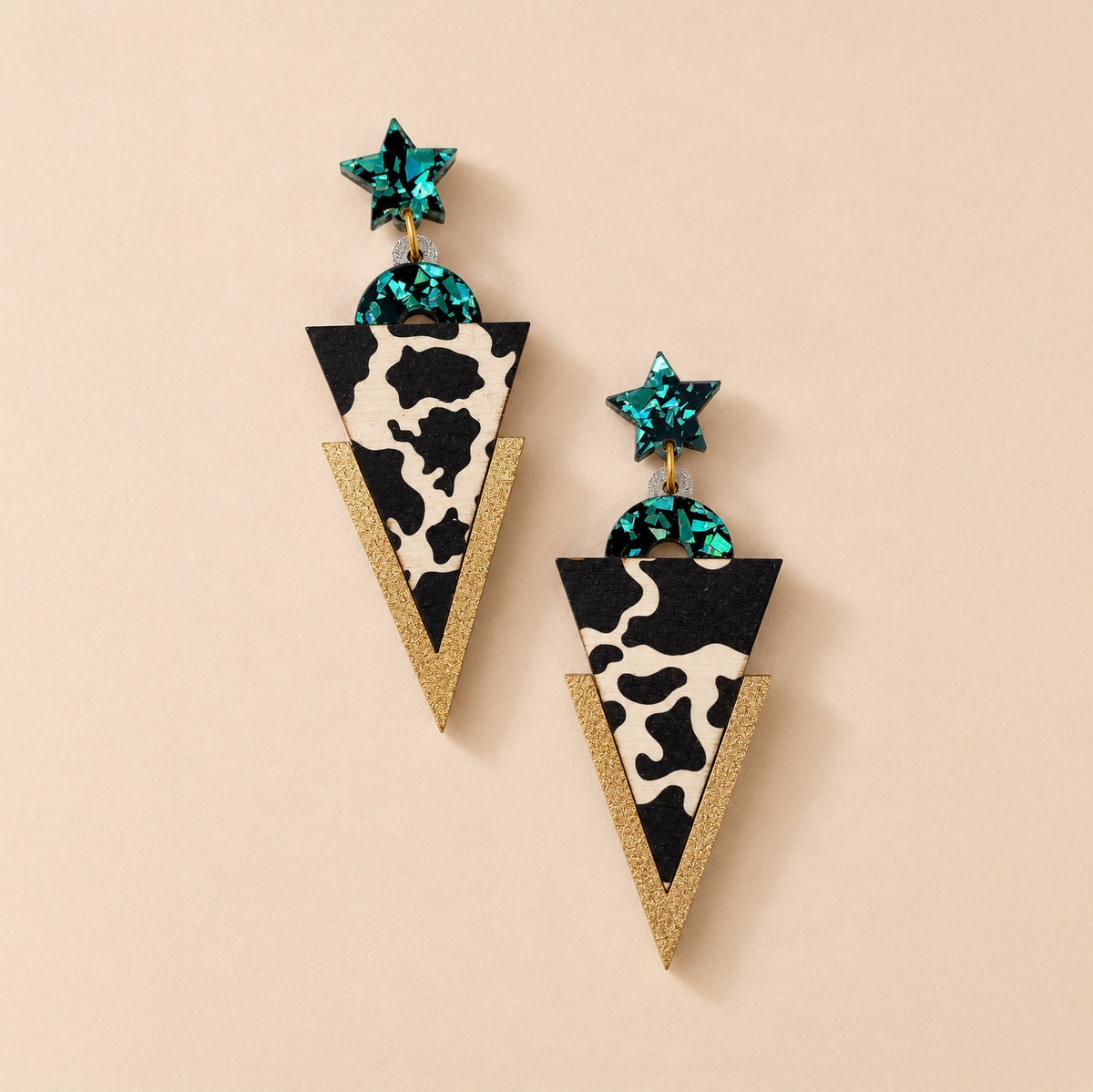Wild Black & Teal Cow Print Triangle Dangle Studs