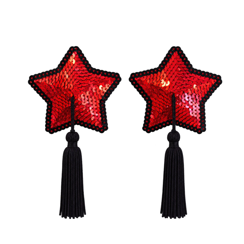 Tit Sticks (Nipple Covers) - Red & Black Sequin Star with Tassels by Esoteric Dreamland