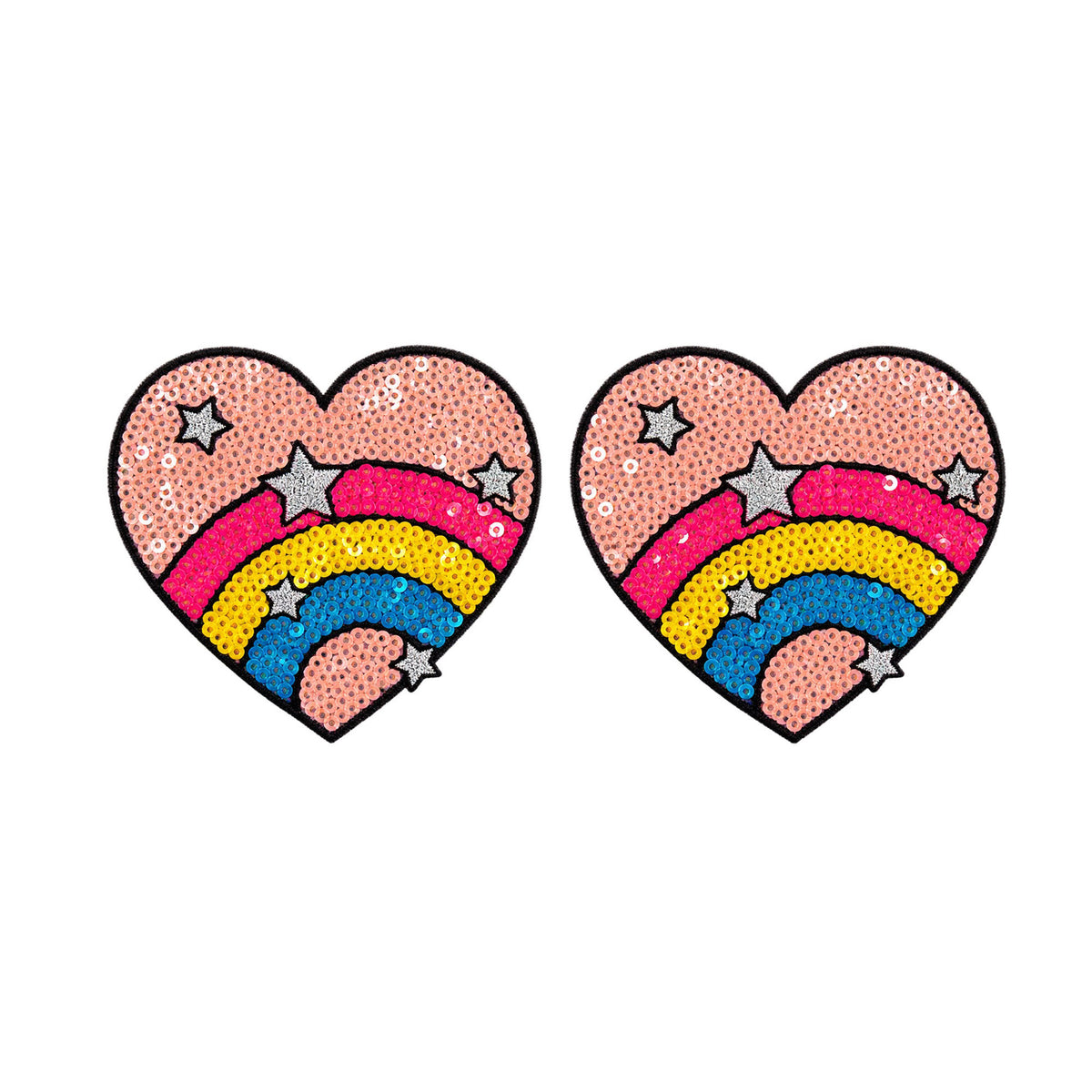 Tit Sticks (Nipple Covers) - Baby Pink Sequin Rainbow Hearts