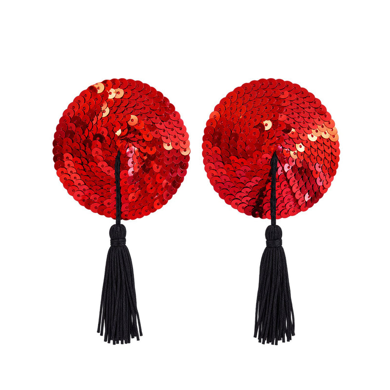 Tit Sticks (Nipple Covers) - Red Sequin Circles with Tassels by Esoteric Dreamland