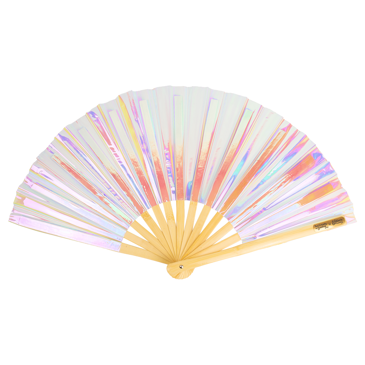 Iridescent Giant Hand Fan With Natural Bamboo Handle - White/ Pale Blue