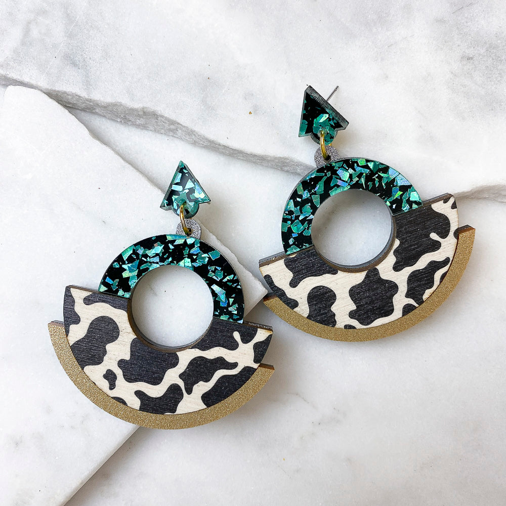 Teal Cow Wild Animal Print Round Statement Fan Earrings *REDUCED/ SLIGHT SECONDS*