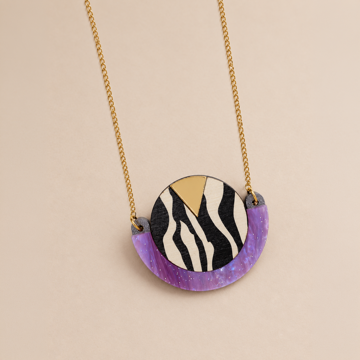 Wild Gold & Lilac Zebra Print Round Pendant Necklace