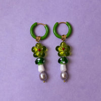 Toadstool Flower & Pearl Glass Bead Earrings - Green *SAMPLE*