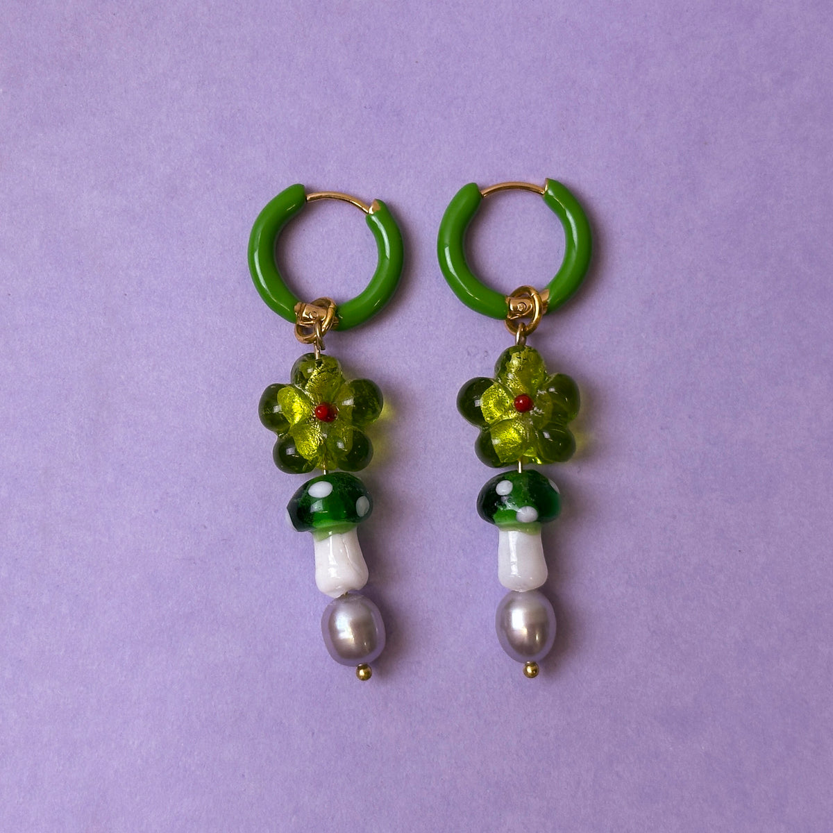 Toadstool Flower & Pearl Glass Bead Earrings - Green *SAMPLE*