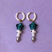 Toadstool Flower & Pearl Glass Bead Earrings - White/ Teal *SAMPLE*