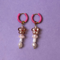 Toadstool Flower & Pearl Glass Bead Earrings - Pink *SAMPLE*