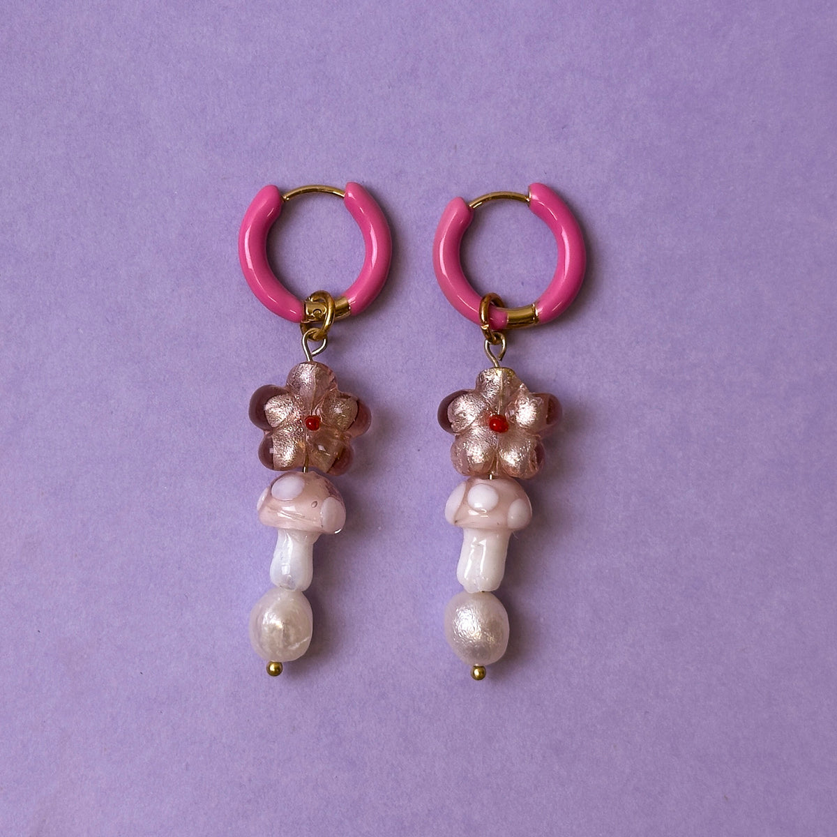 Toadstool Flower & Pearl Glass Bead Earrings - Pink *SAMPLE*