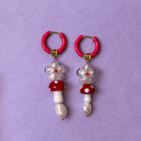 Toadstool Flower & Pearl Glass Bead Earrings - Red *SAMPLE*