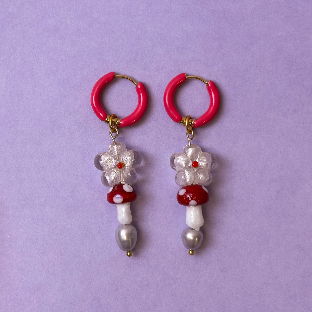 Toadstool Flower & Pearl Glass Bead Earrings - Red *SAMPLE*