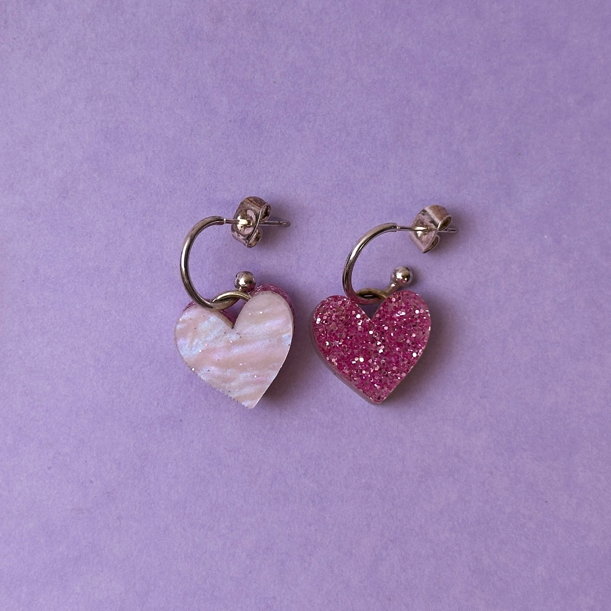 Reversible Heart Dangle Hoop Earrings - Pink *SAMPLE*