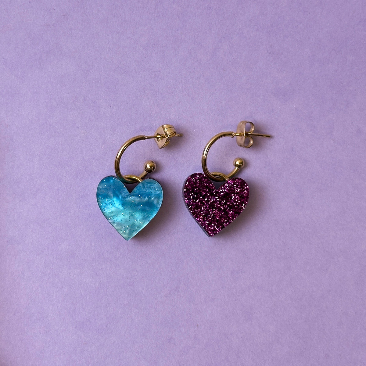 Reversible Heart Dangle Hoop Earrings - Blue/ Purple *SAMPLE*