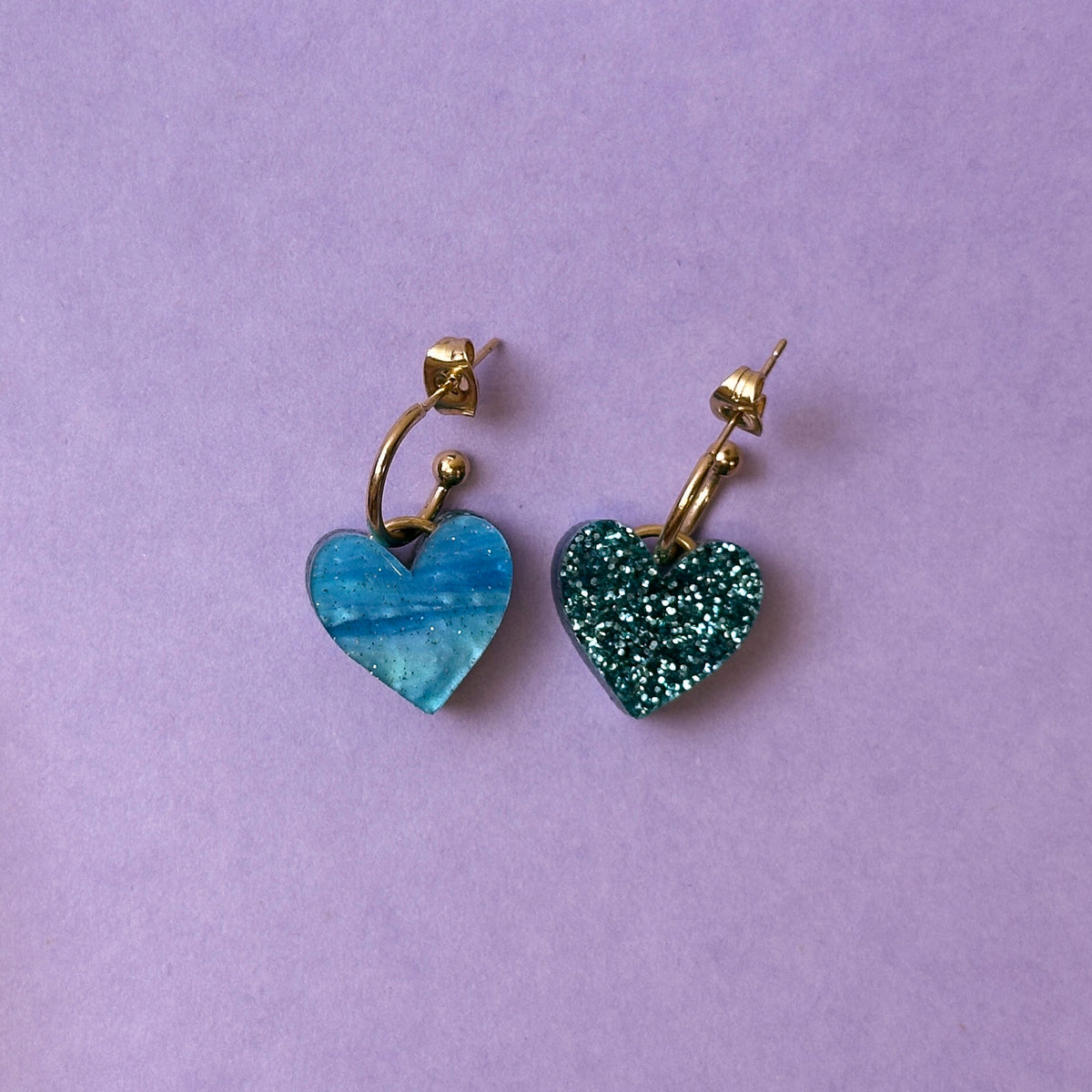 Reversible Heart Dangle Hoop Earrings - Blue/ Teal *SAMPLE*