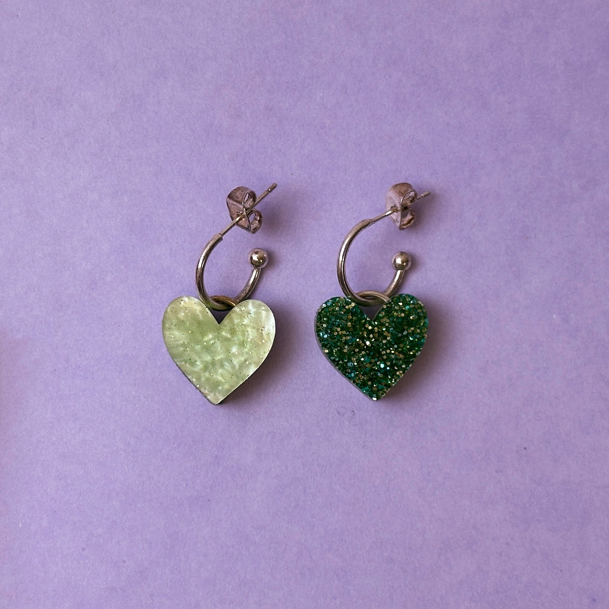 Reversible Heart Dangle Hoop Earrings - Green *SAMPLE*