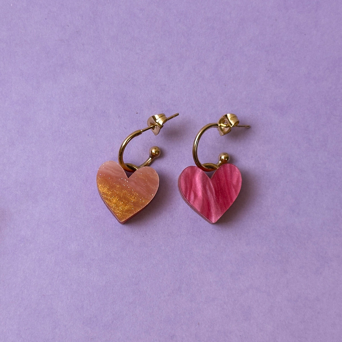 Reversible Heart Dangle Hoop Earrings - Orange/ Pink *SAMPLE*